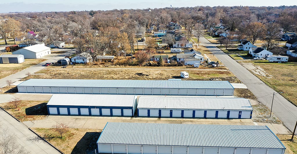 Aerial view of storage buildings in a residential neighborhood